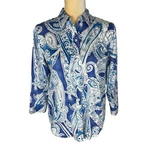 Lauren Ralph Lauren Blue Paisley Button Down Shirt Cotton 3/4 Sleeve Size Medium